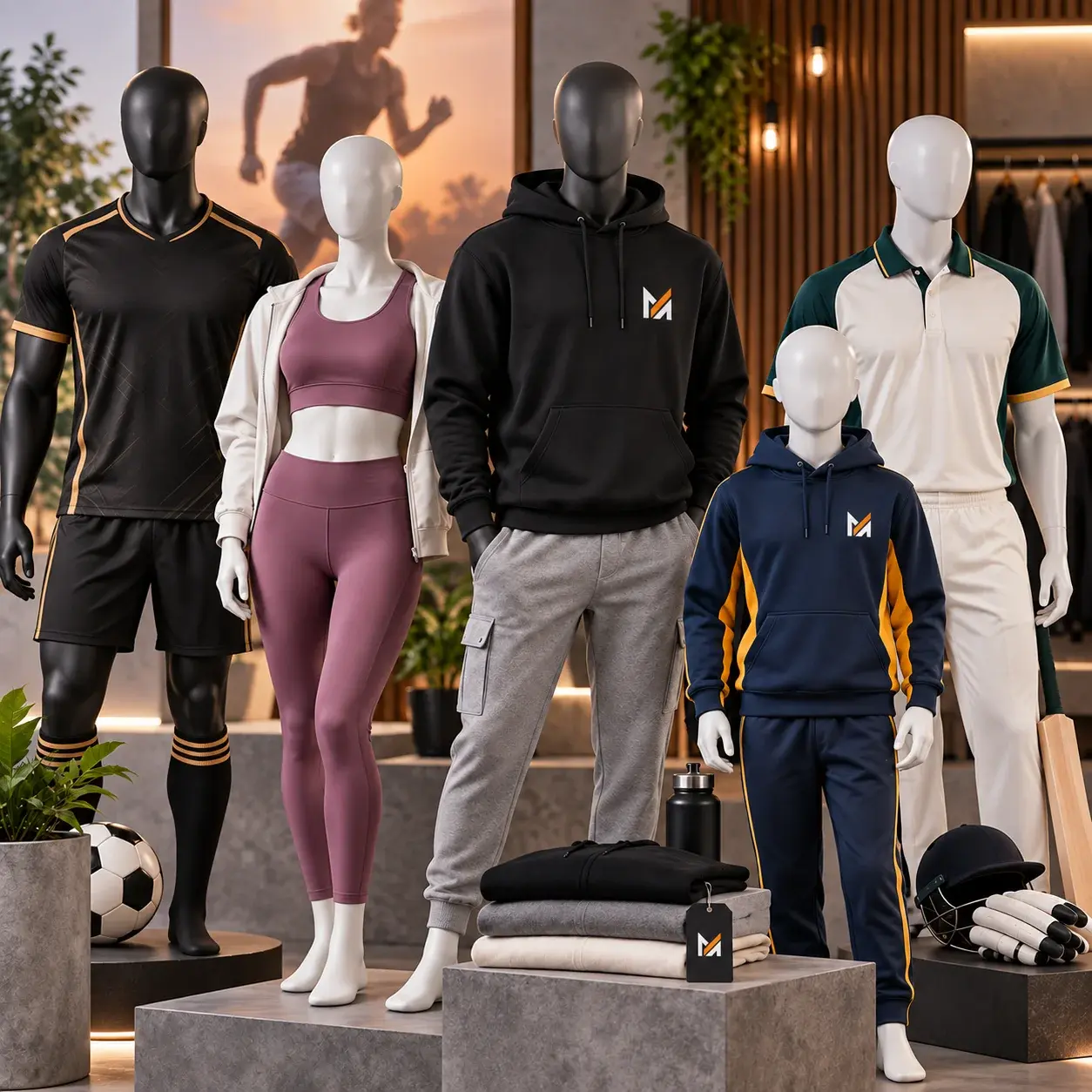Diverse custom sportswear and activewear displayed on adult and youth mannequins, including jerseys, hoodies, leggings, joggers, and polo uniforms, with visible Mega Apparel branding in a modern showroom.